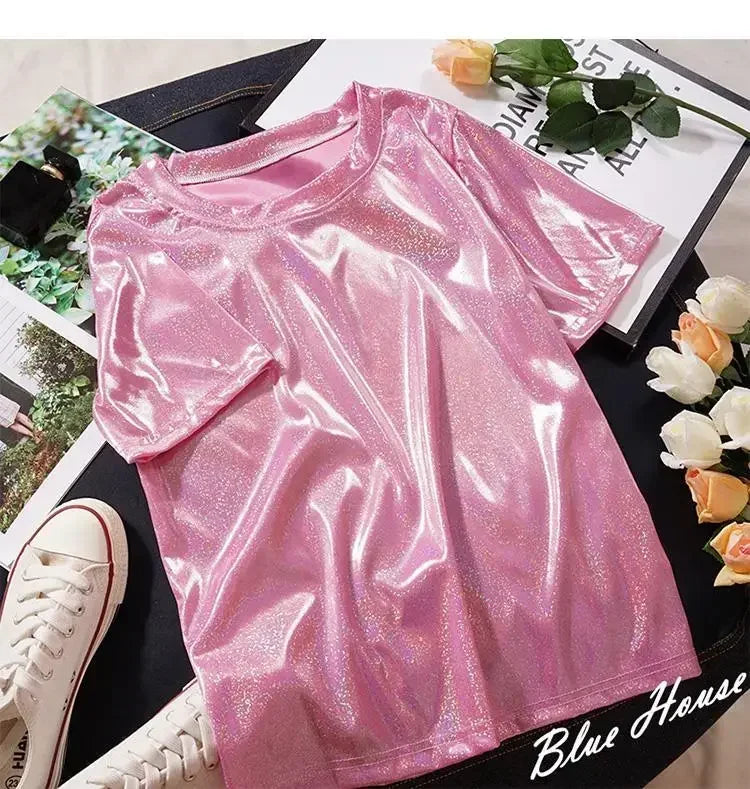 Valenzora | S 5XL Women's Sparkling Shiny Metallic Holographic Round Neck Short Sleeve Casual Loose Top Festival Party T-Shirt Women's Clothing