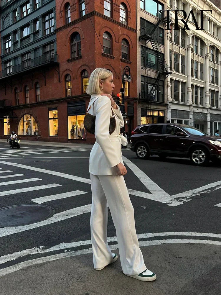 Valenzora | Women's Casual Blazer, Chic Outerwear, Elegant Flared Trousers, Long Sleeve, V-neck, Belt, Office Commuter Suit Set