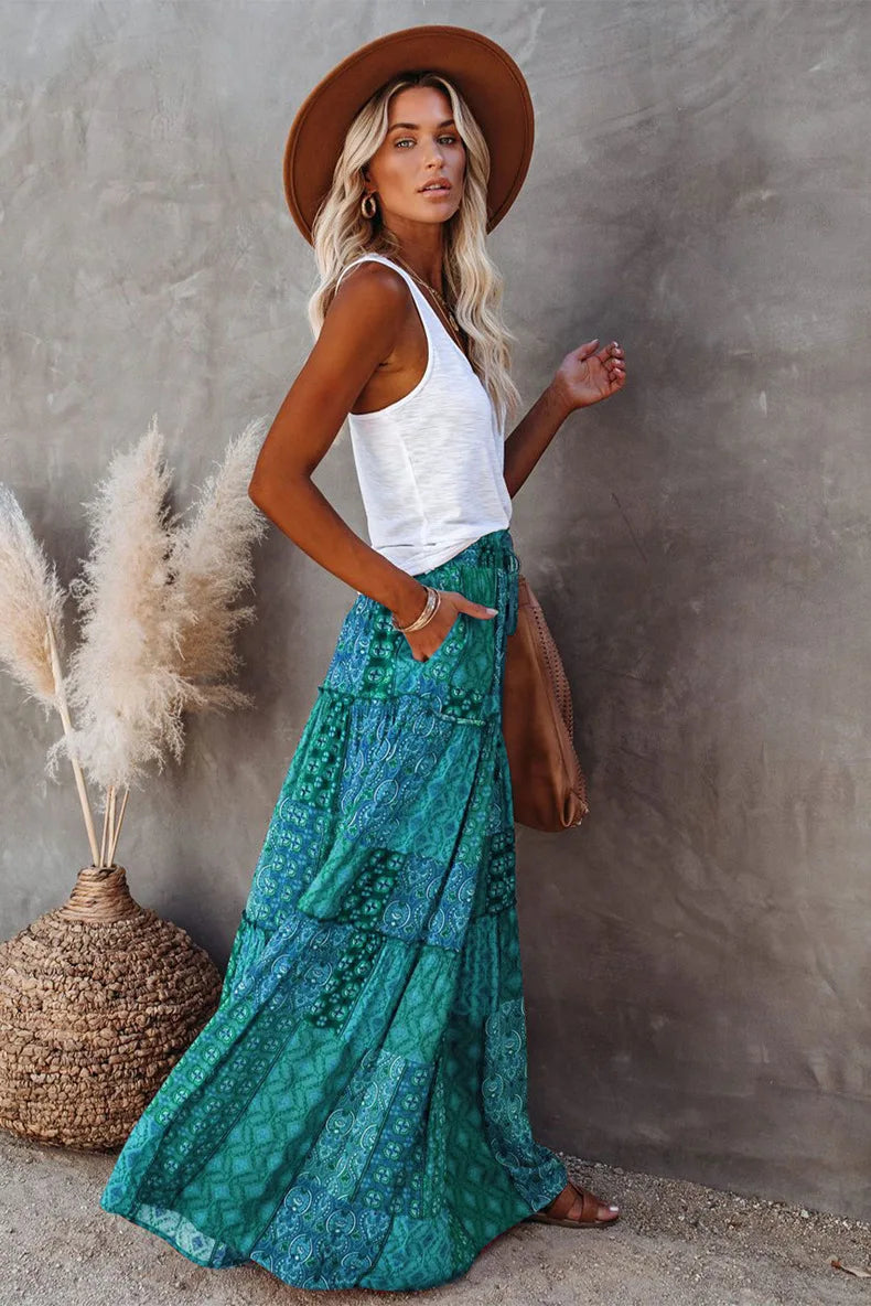 Valenzora | Langbedruckter A-Linienrock mit hoher Taille und Blumenmuster