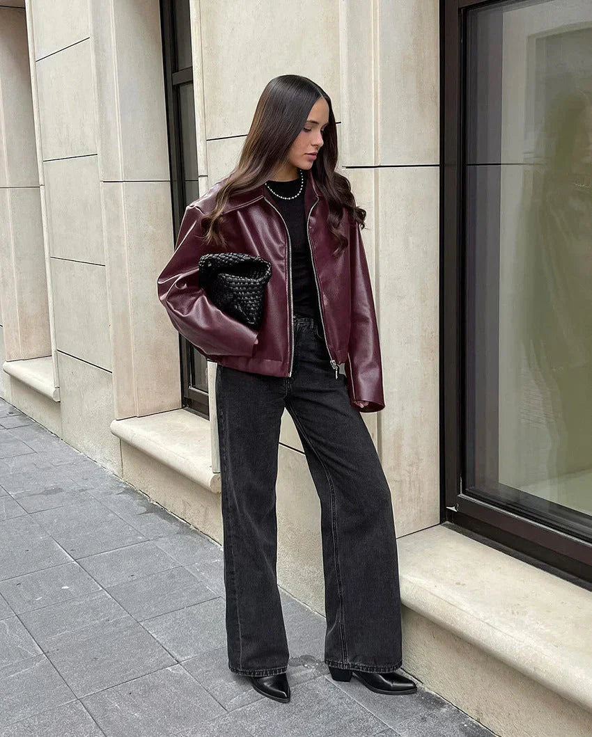 Valenzora | Damen Rote Lederjacke Vintage-Lederjacke mit Reißverschluss für Damen