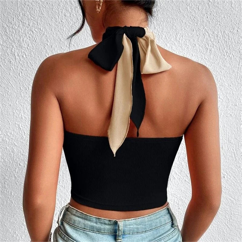 Valenzora | Women's Summer Tank Tops Sexy Patchwork Cross Halterneck Strap Hole Crop Tops High Street Wear New Fashion