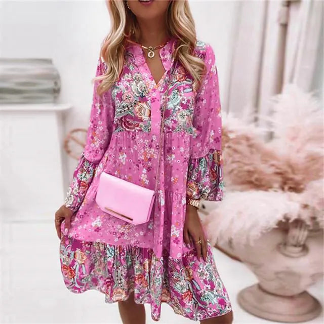 Valenzora | Bohemian floral long-sleeved dress for women