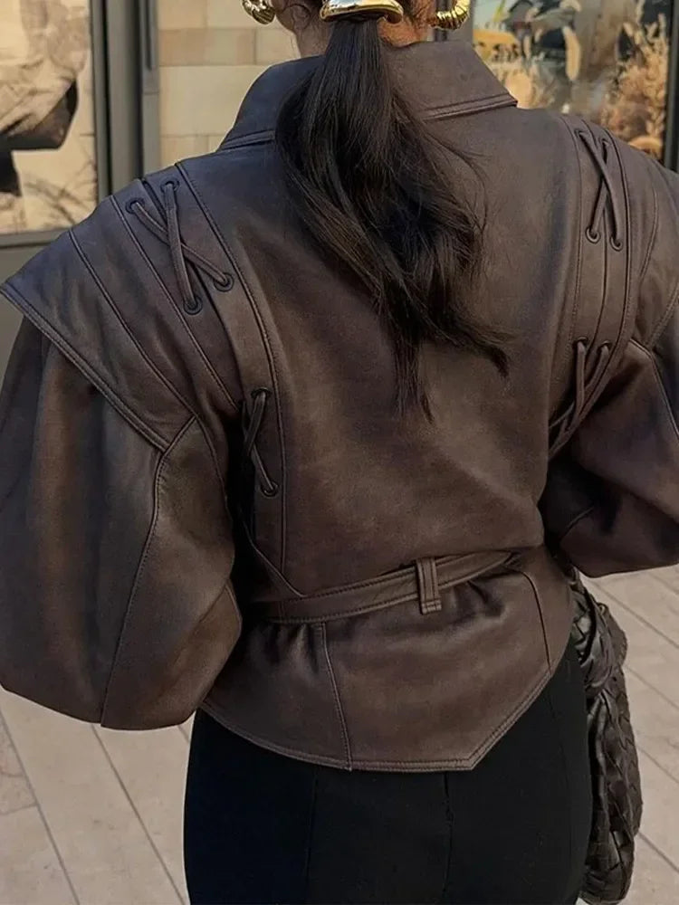 Women's leather coat with lacing