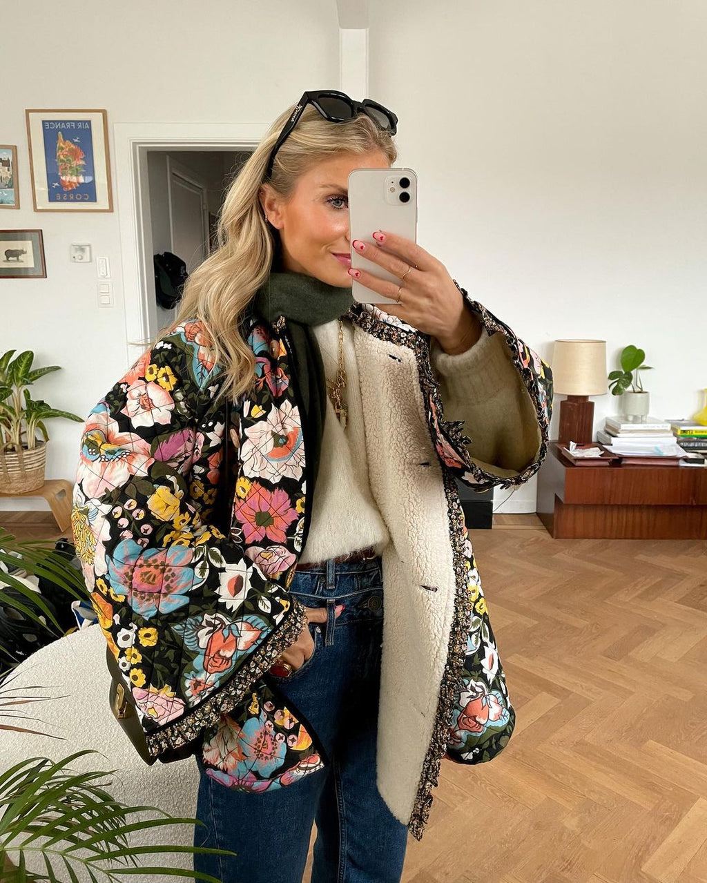 Plüschiger Baumwollmantel mit Blumenmuster
