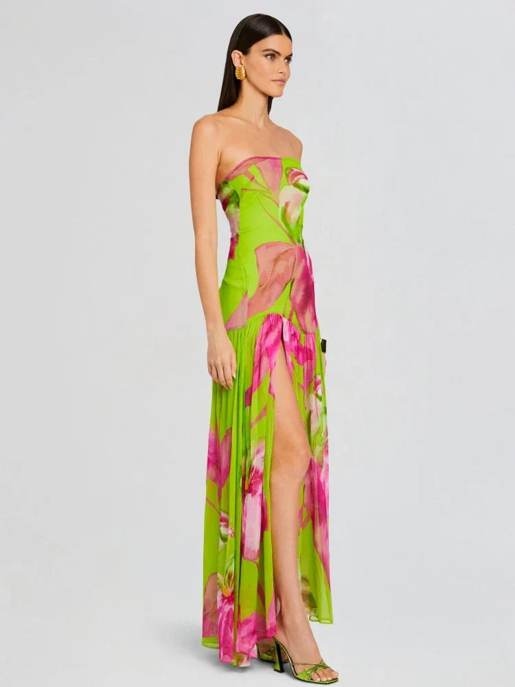 Valenzora | Neues Sommer-Druck-Trägerloses Mesh-Patchwork-Schlitz-Langes Kleid Frauen Sexy Ärmelloses Buntes Bedrucktes Holiday Maxikleid Party