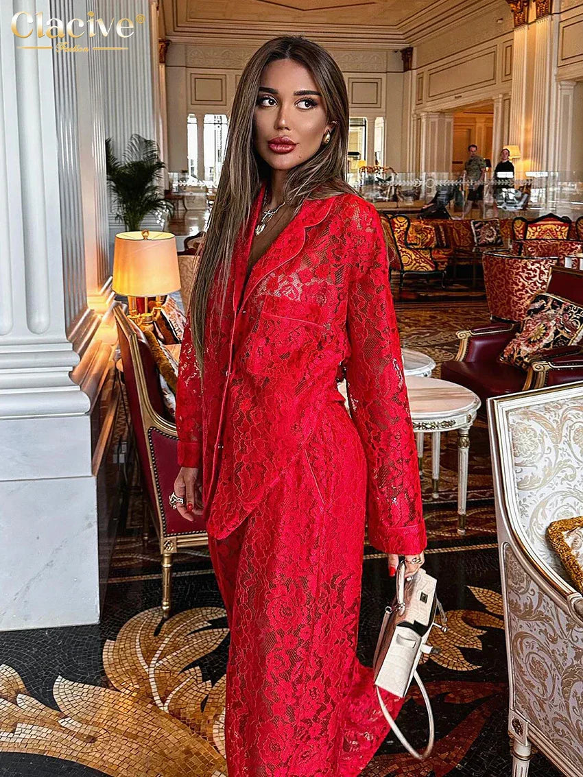 Valenzora | Clacive Sexy Loose Black Lace Transparent Pants Set Women's 2 Piece Fashion Long Sleeve Shirt with High Waist Wide Pants Set
