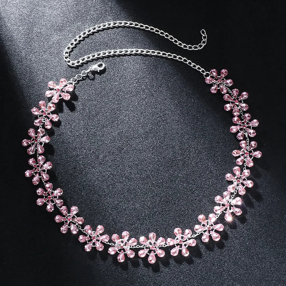 Valenzora | Fashion Pink Crystal Flowers Choker Necklace Statement Accessories Fashion Women's Rhinestone Collar Necklace Clavicle Jewelry Ins