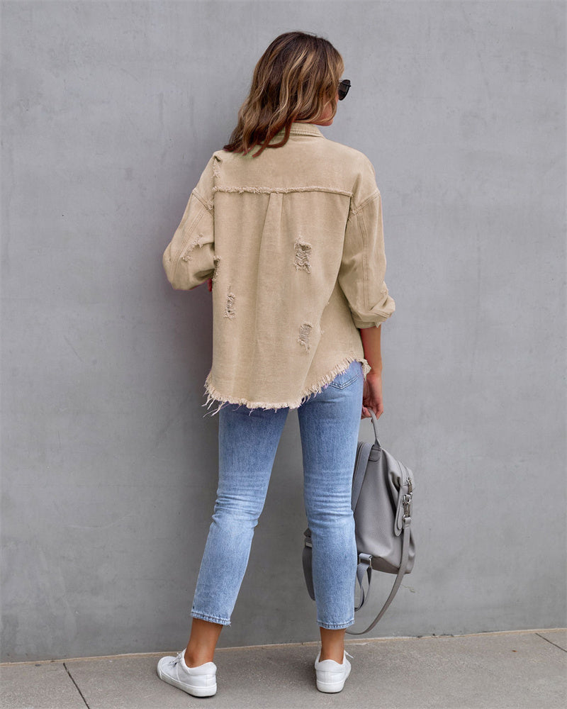 Shirt-style denim coat with holes