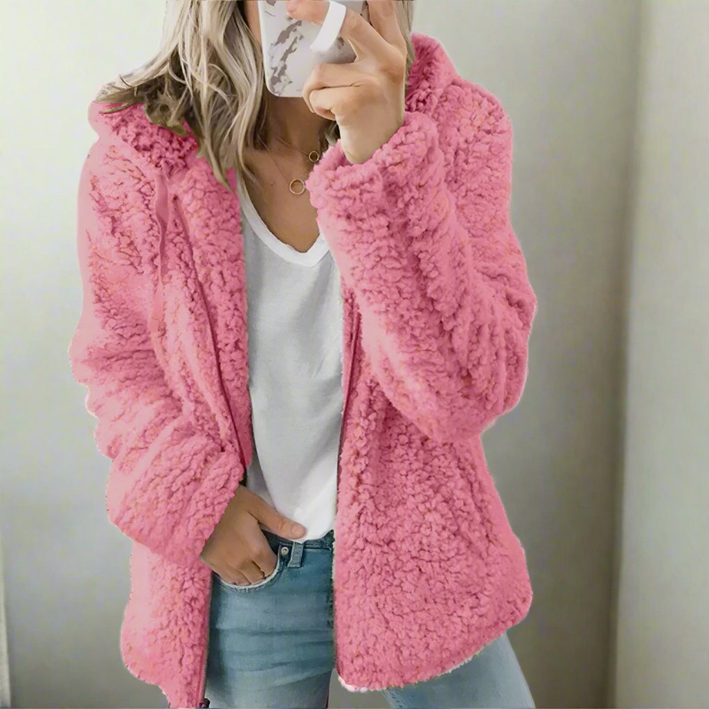 Valenzora | Damen Teddyfleece Jacke mit Kapuze – Weiche Winterjacke mit Reißverschluss