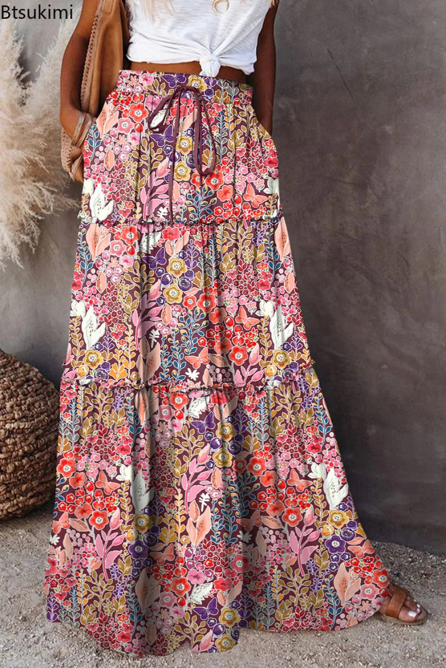 Valenzora | Langbedruckter A-Linienrock mit hoher Taille und Blumenmuster