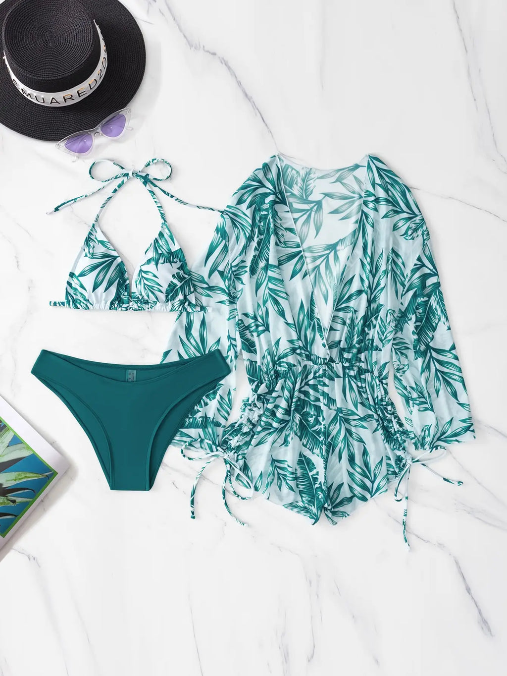 Valenzora | 3-Piece Bikini Tropical Print Swimwear Halter Lace-Up Side Swimsuit Women's Bathing Suit Female Swimming Summer Beachwear