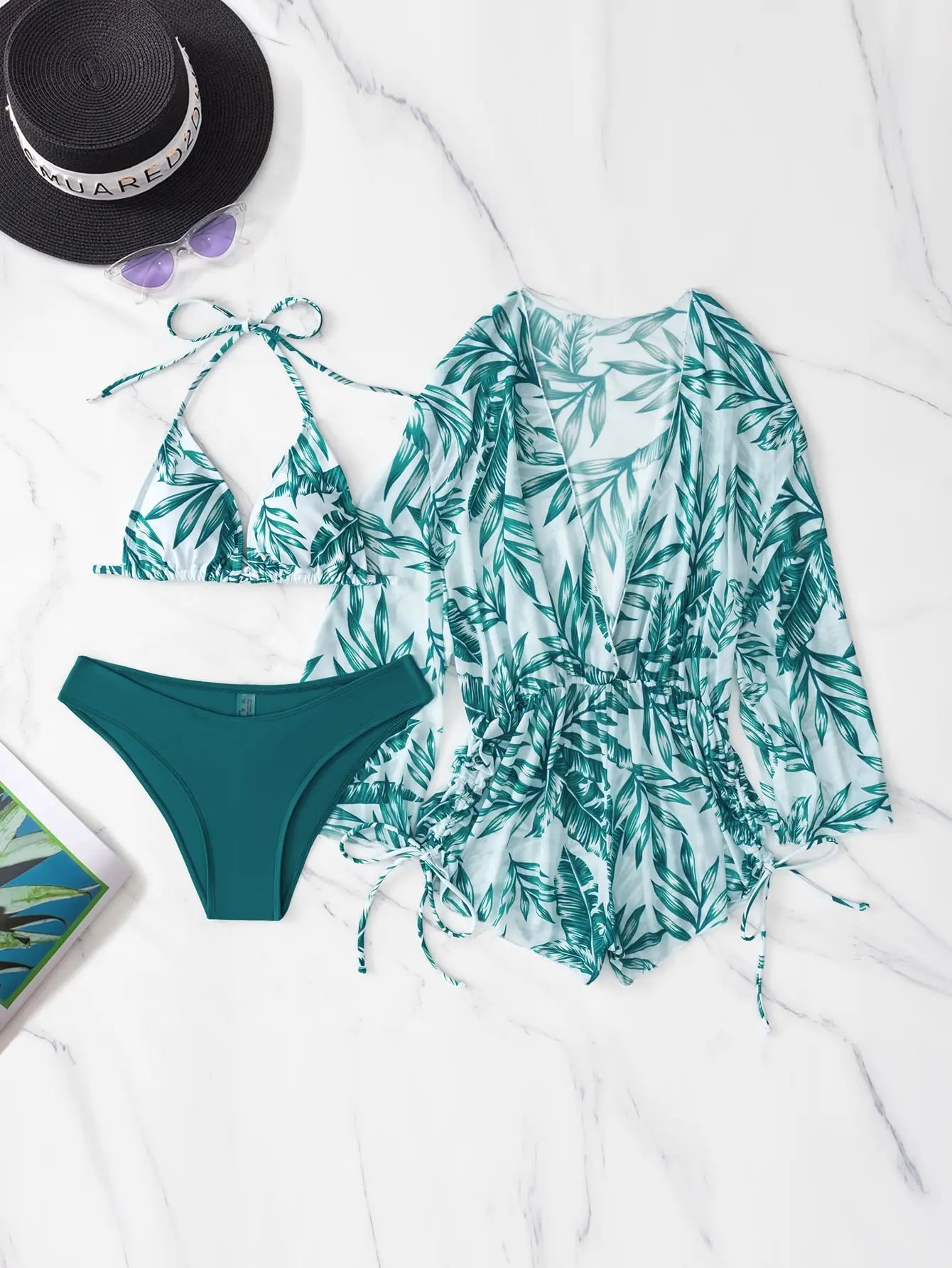 Valenzora | 3-Piece Bikini Tropical Print Swimwear Halter Lace-Up Side Swimsuit Women's Bathing Suit Female Swimming Summer Beachwear