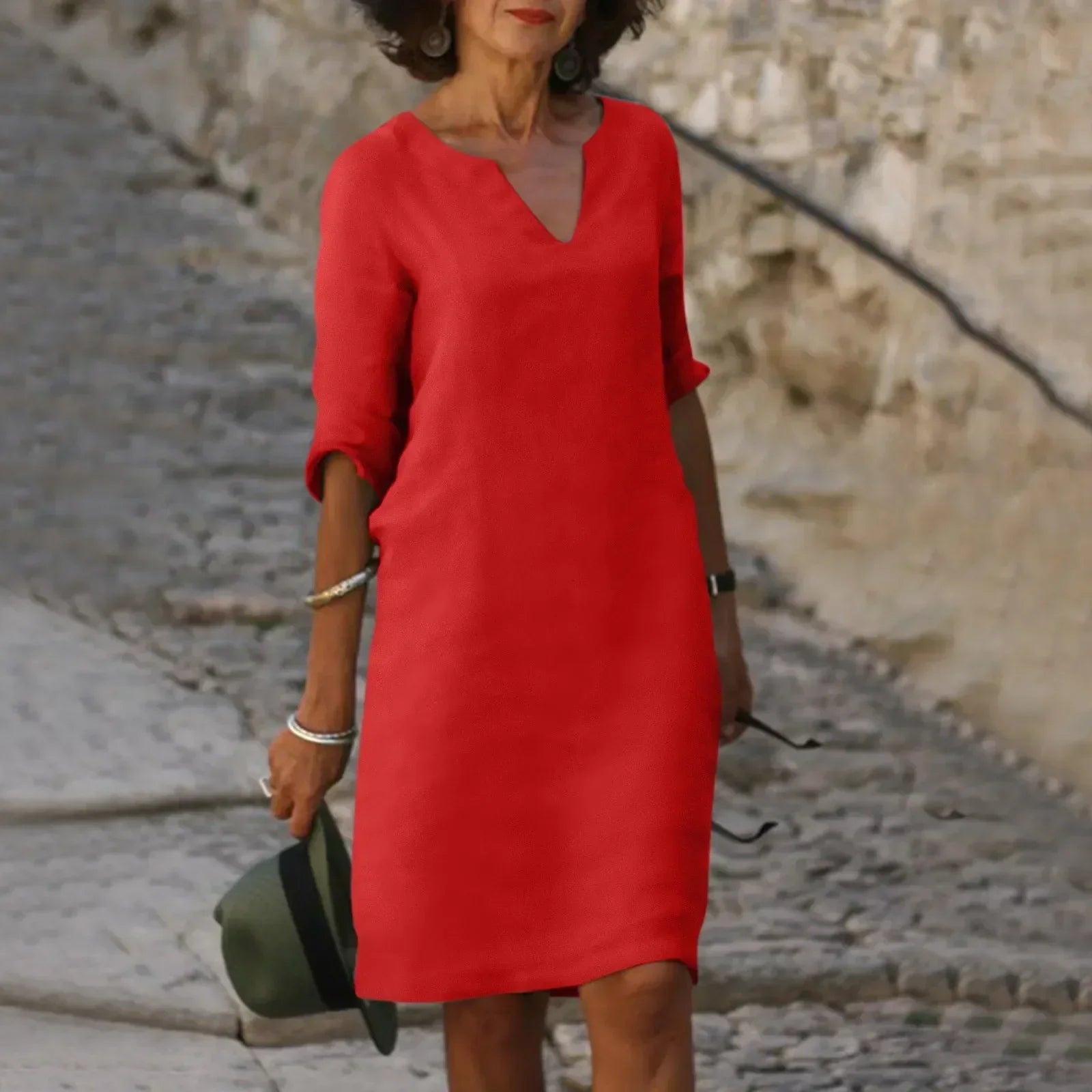 Valenzora | Women's Cotton Linen V-Neck Dress with Half Sleeves