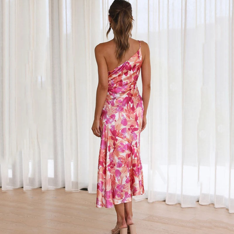Valenzora | Rosafarbenes One-Shoulder A-Linien Satin-Kleid mit Blumenmuster für Damen
