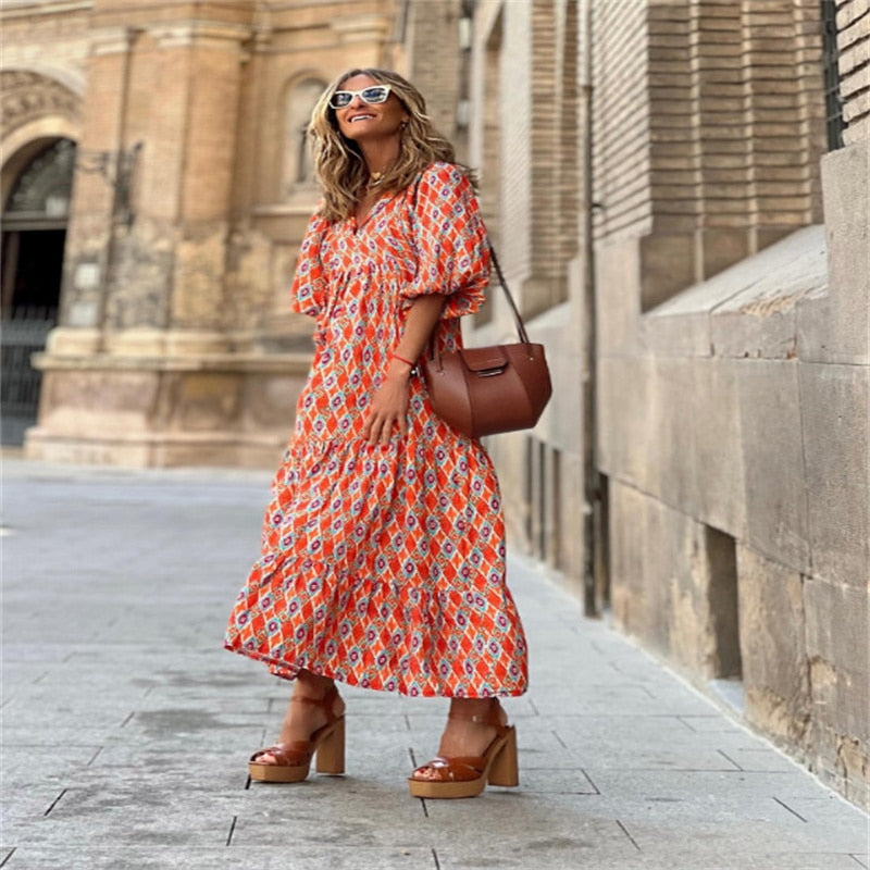 Valenzora | Geometric dress with puff sleeves for women
