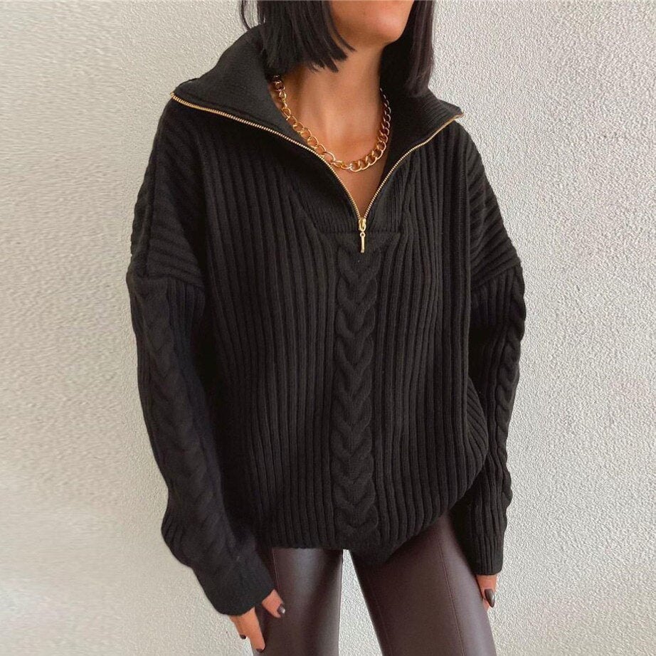 Valenzora V-Sweater | Bequemer Zopfstrickpullover mit V-Ausschnitt, Rollkragen und Reißverschluss