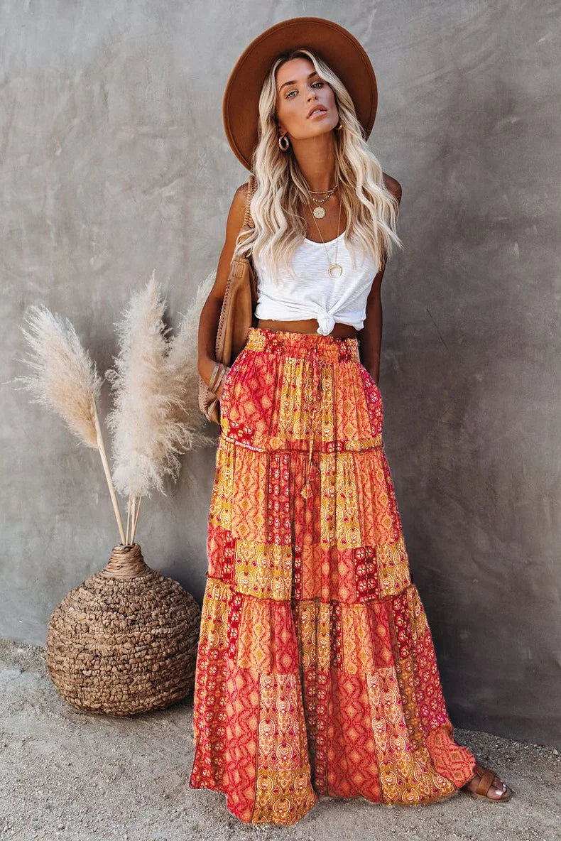 Valenzora | High-waisted long printed A-line skirt floral skirt