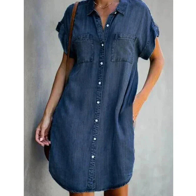 Valenzora | Casual short-sleeved denim mini summer dress for women with buttons