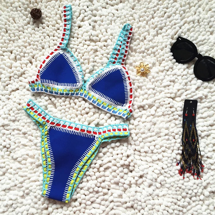 Valenzora | Knitted 2-Piece Bikini Swimsuit for Women, Summer Beach Holiday Swimwear, Sexy Triangle Cup V-Neck Strappy Swimwear