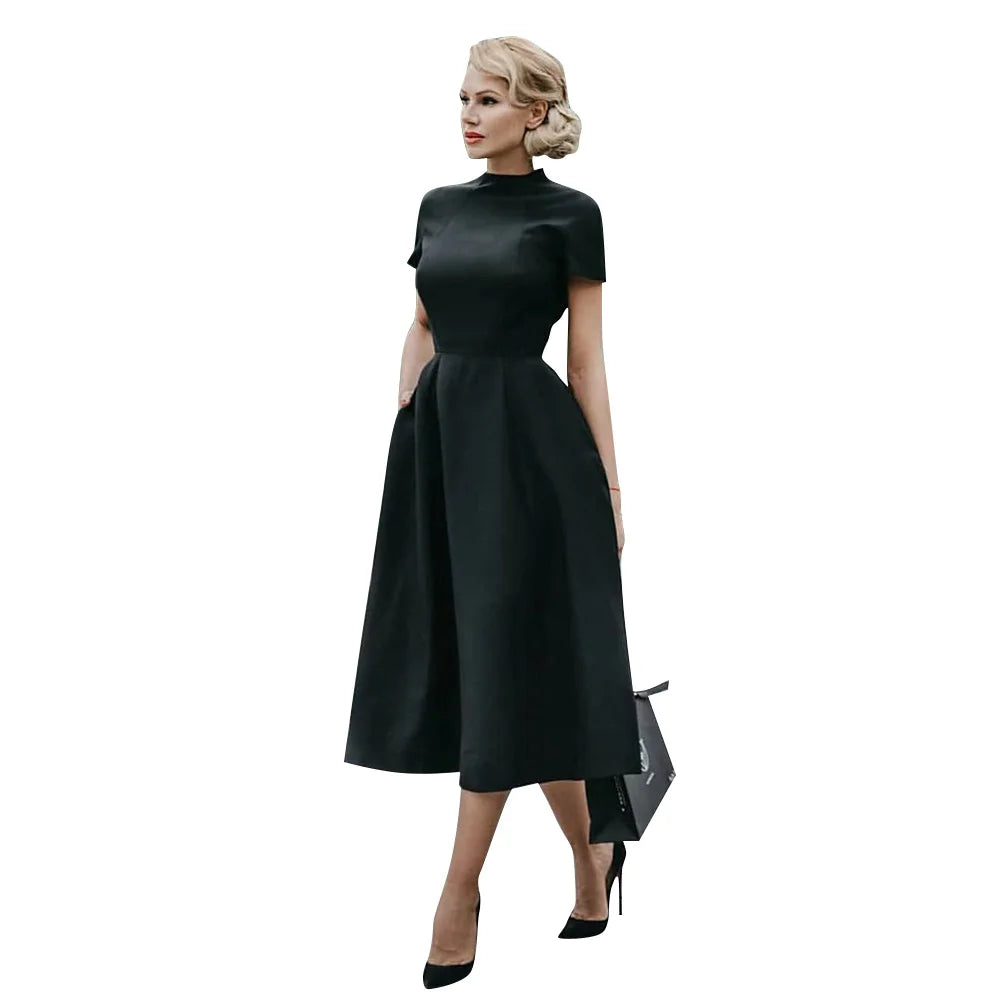 Valenzora | Women's Elegant Black Dress, Half-High Collar, High Waist, A-Line Dresses, Slim Fit Dress, Office Dress, Female Solid Vestidos