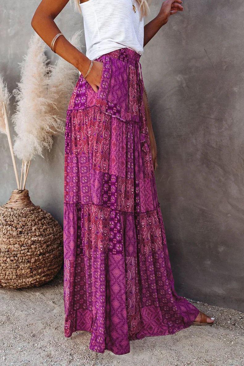 Valenzora | Langbedruckter A-Linienrock mit hoher Taille und Blumenmuster