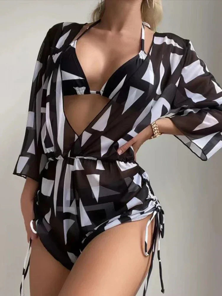 Valenzora | 3-Piece Bikini Tropical Print Swimwear Halter Lace-Up Side Swimsuit Women's Bathing Suit Female Swimming Summer Beachwear