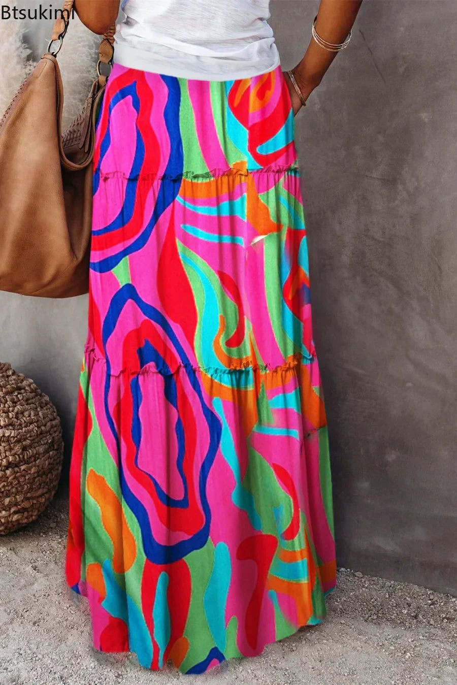 Valenzora | Langbedruckter A-Linienrock mit hoher Taille und Blumenmuster