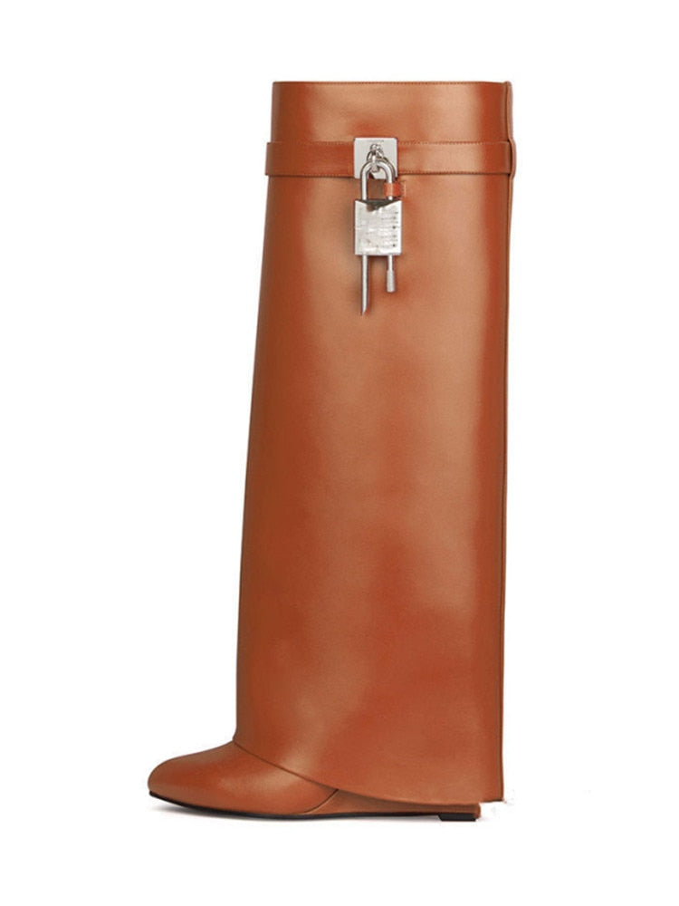 Valenzora | Women's Knee-High Boots Shark Lock Long Thick Soles High Heels Boots Designer Luxury Brand Women's Leather Boots