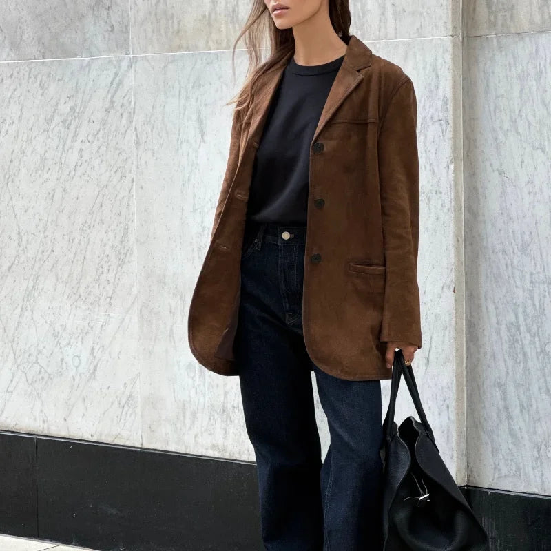 Valenzora | Brown suede jacket with lapels, chic and warm
