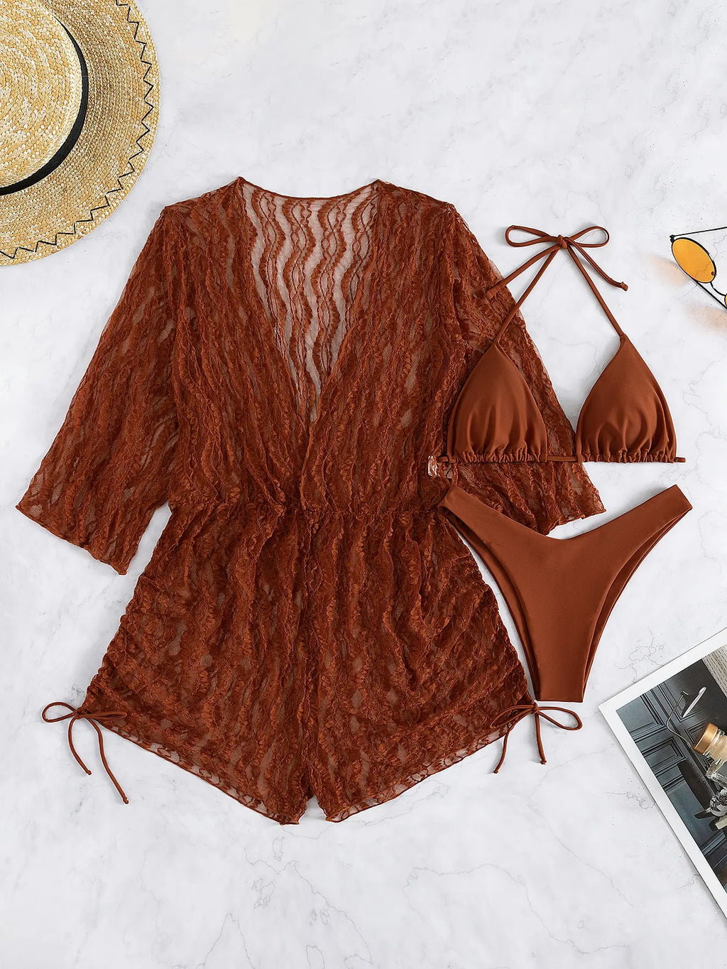 Valenzora | 3-Piece Bikini Tropical Print Swimwear Halter Lace-Up Side Swimsuit Women's Bathing Suit Female Swimming Summer Beachwear