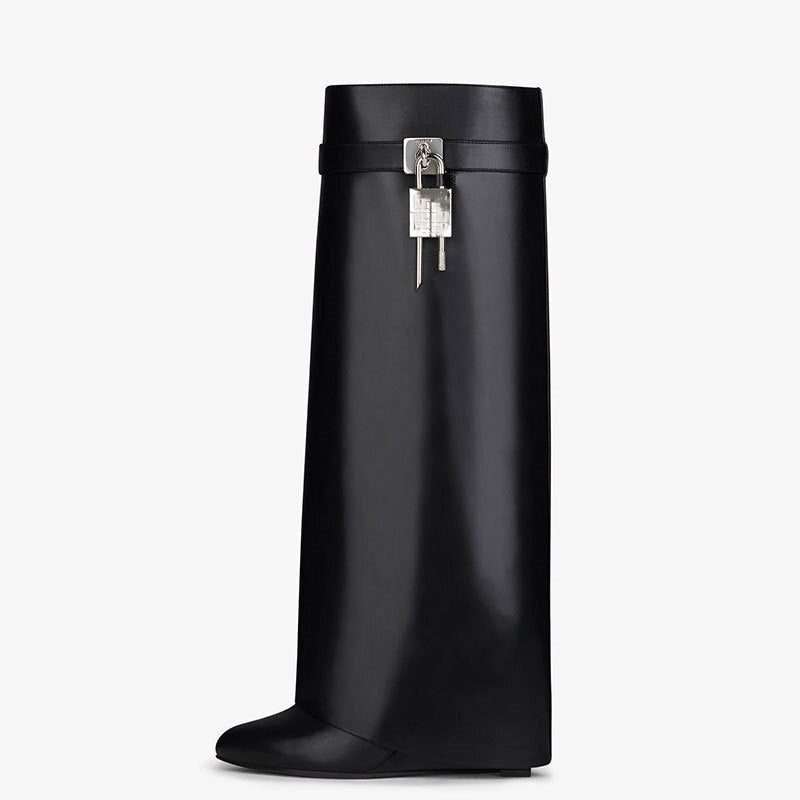 Valenzora | Women's Knee-High Boots Shark Lock Long Thick Soles High Heels Boots Designer Luxury Brand Women's Leather Boots