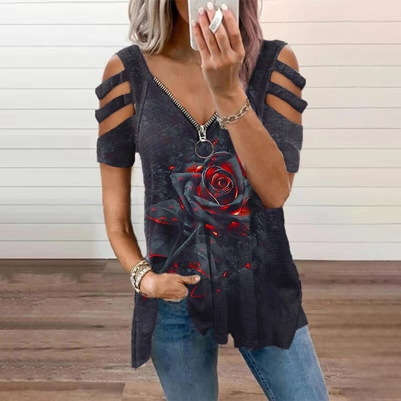 Valenzora | Loose Angel Wings Print Vintage V-Neck Zip T-Shirt