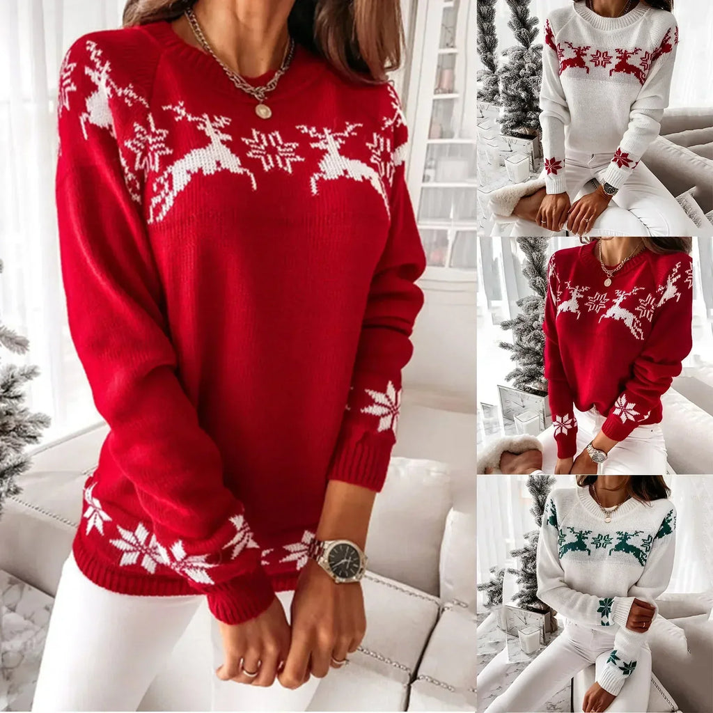 Valenzora – Ugly Christmas Sweater – Bequemer Strickpullover mit Rundhalsausschnitt, Rentier- und Schneeflockenmuster