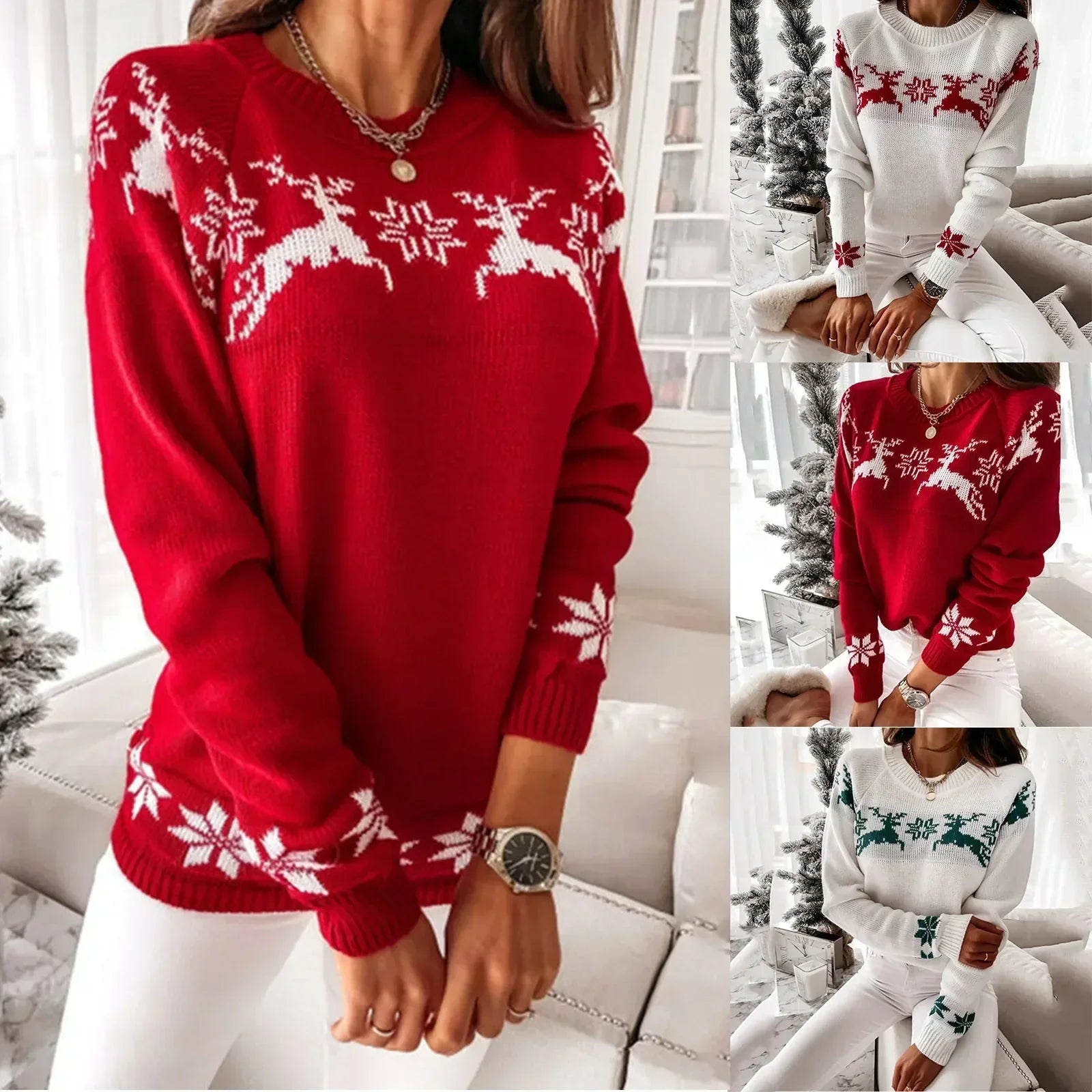 Valenzora – Ugly Christmas Sweater – Bequemer Strickpullover mit Rundhalsausschnitt, Rentier- und Schneeflockenmuster