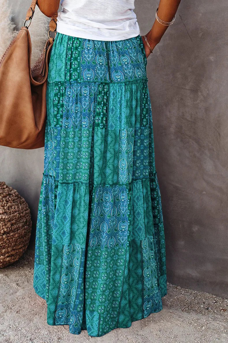 Valenzora | Langbedruckter A-Linienrock mit hoher Taille und Blumenmuster