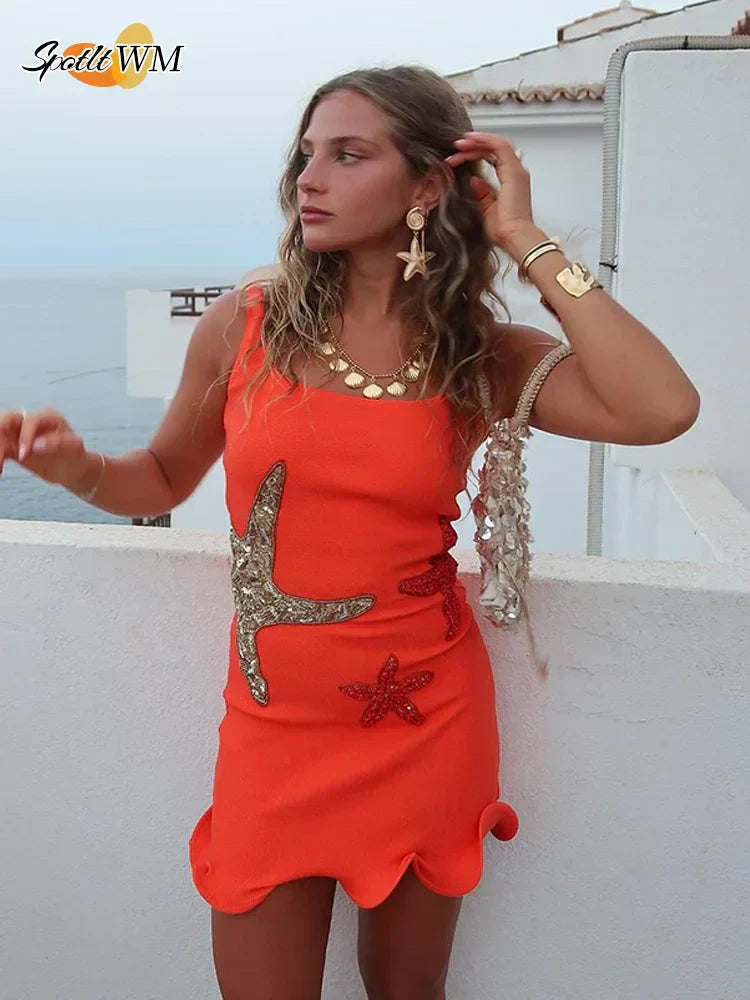 Valenzora | Chic Shiny Starfish Print Ruffled Hem Mini Dress Fashion Bodycon Sleeveless Backless Short Vestidos Summer Feminine Beach Dresses