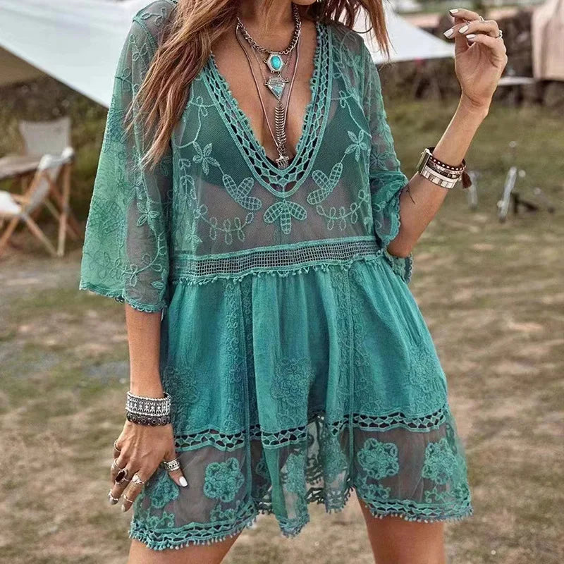 Valenzora | Beach throw V-neck crochet tunic dress