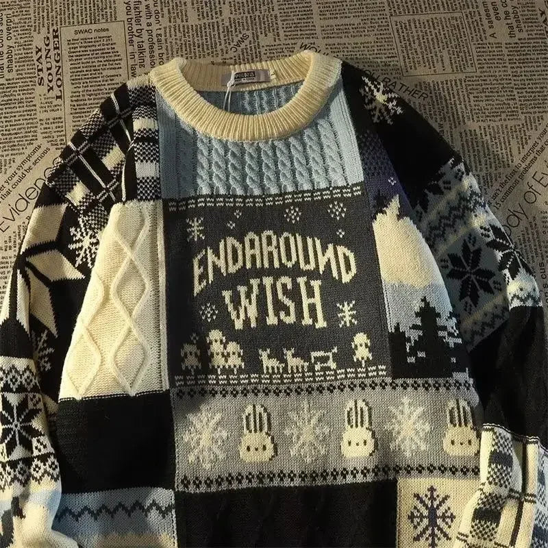 Valenzora – Hässlicher Weihnachtspullover – Lockerer Retro-Pullover mit V-Ausschnitt und Color-Block-Design
