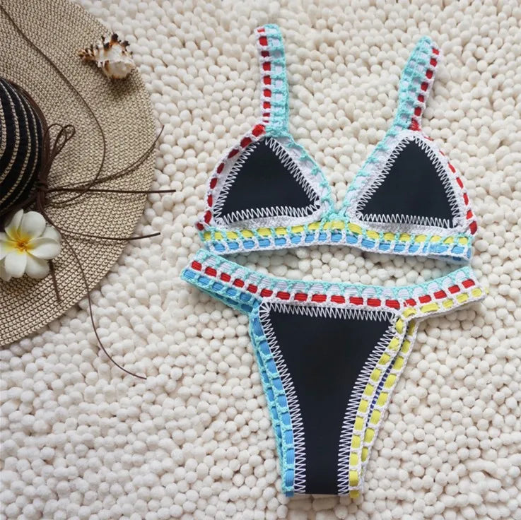 Valenzora | Knitted 2-Piece Bikini Swimsuit for Women, Summer Beach Holiday Swimwear, Sexy Triangle Cup V-Neck Strappy Swimwear