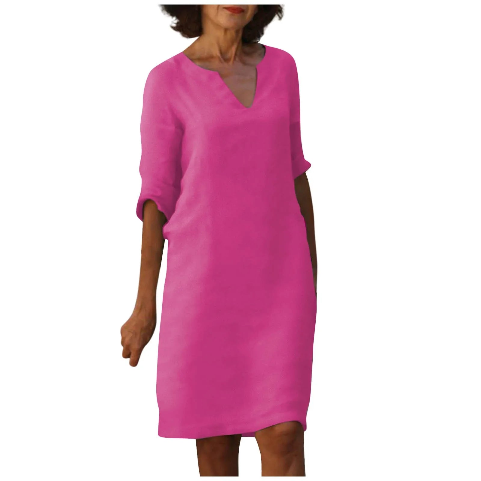 Valenzora | Women's Cotton Linen V-Neck Dress with Half Sleeves
