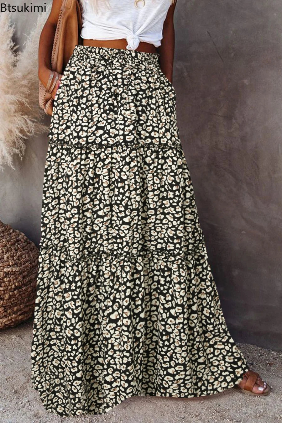 Valenzora | Langbedruckter A-Linienrock mit hoher Taille und Blumenmuster