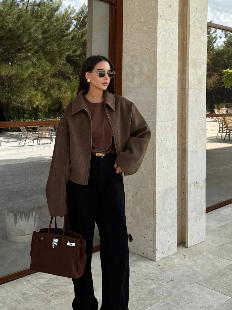 Valenzora | Braune Damen-Wolljacke mit elegantem Kragen