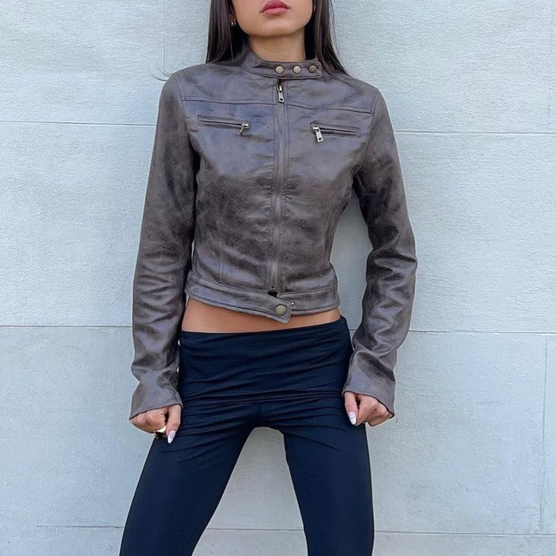 Valenzora | Vintage-Kunstlederjacke mit Reißverschlusstaschen