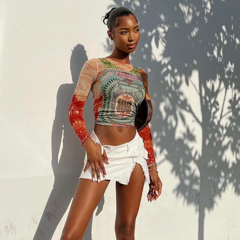 Valenzora | Long-sleeved mesh top with tattoo print