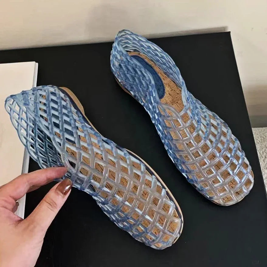 Valenzora | Summer Jelly Shoes Women's Fashion Transparent Mesh Hollow Out Beach Shoes Ladies Flat Sandals Coloured Round Toe Jelly Sandals