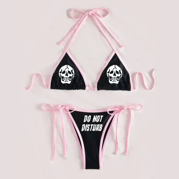 Valenzora | Sexy Gothic Bikini Damen Buchstaben Totenkopf Print Badeanzug Split Badeanzug High Waist Gothic Bikini Set Strand Outfits
