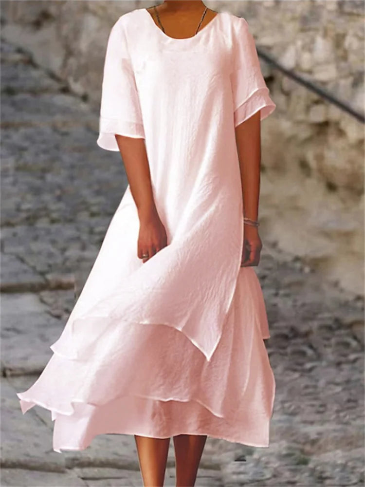 Valenzora | Double-layered slit short-sleeved dress with round neckline