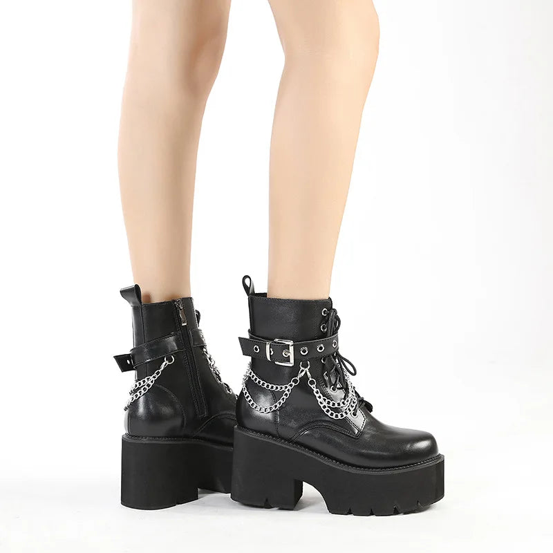 Valenzora | Women's Platform Shoes Black Gothic Buckle PU Leather Creeper Punk Shoes Female Black Ankle Boots Short Combat Boots for Women