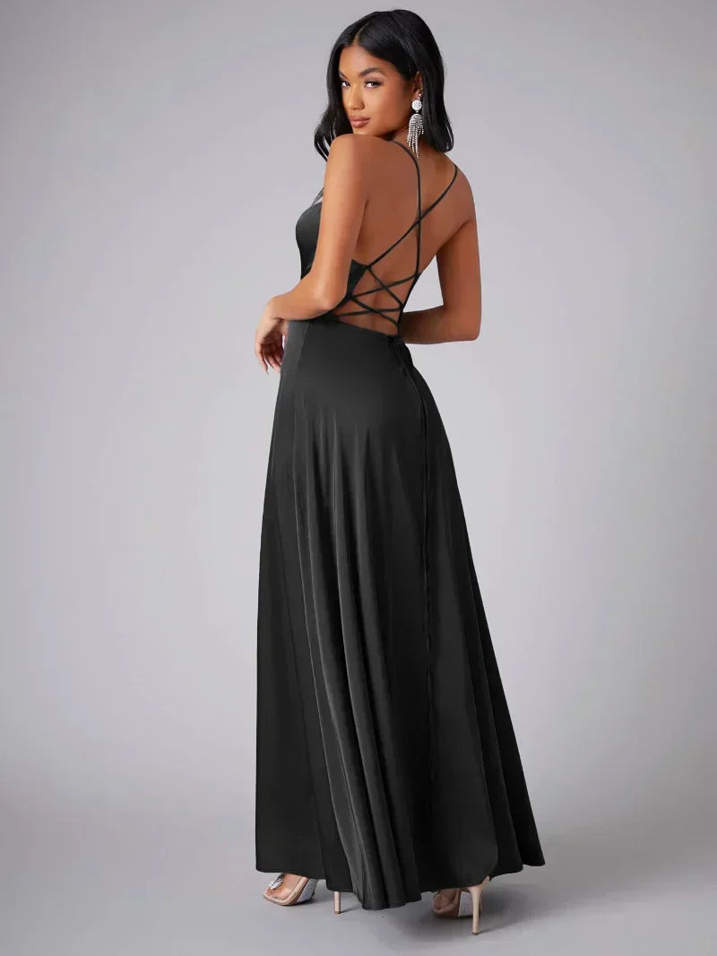Valenzora | Seidenmaxikleid mit geflochtenem Rücken. Kleiden Sie sich für festliche Anlässe. Lucette
