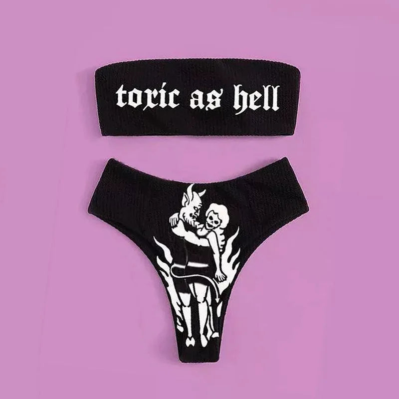 Valenzora | Sexy Gothic Bikini Damen Buchstaben Totenkopf Print Badeanzug Split Badeanzug High Waist Gothic Bikini Set Strand Outfits